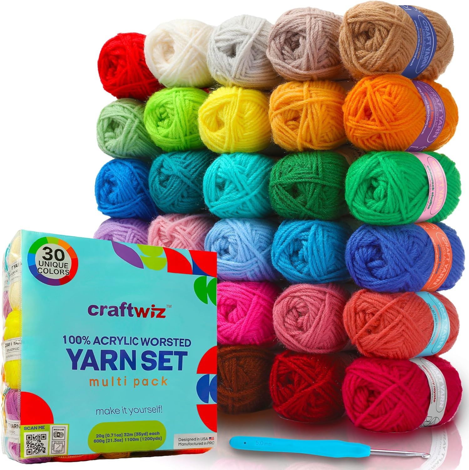 Acrylic Yarn Worsted Weight — 30 Skeins of 20 g, 1,200 Yards