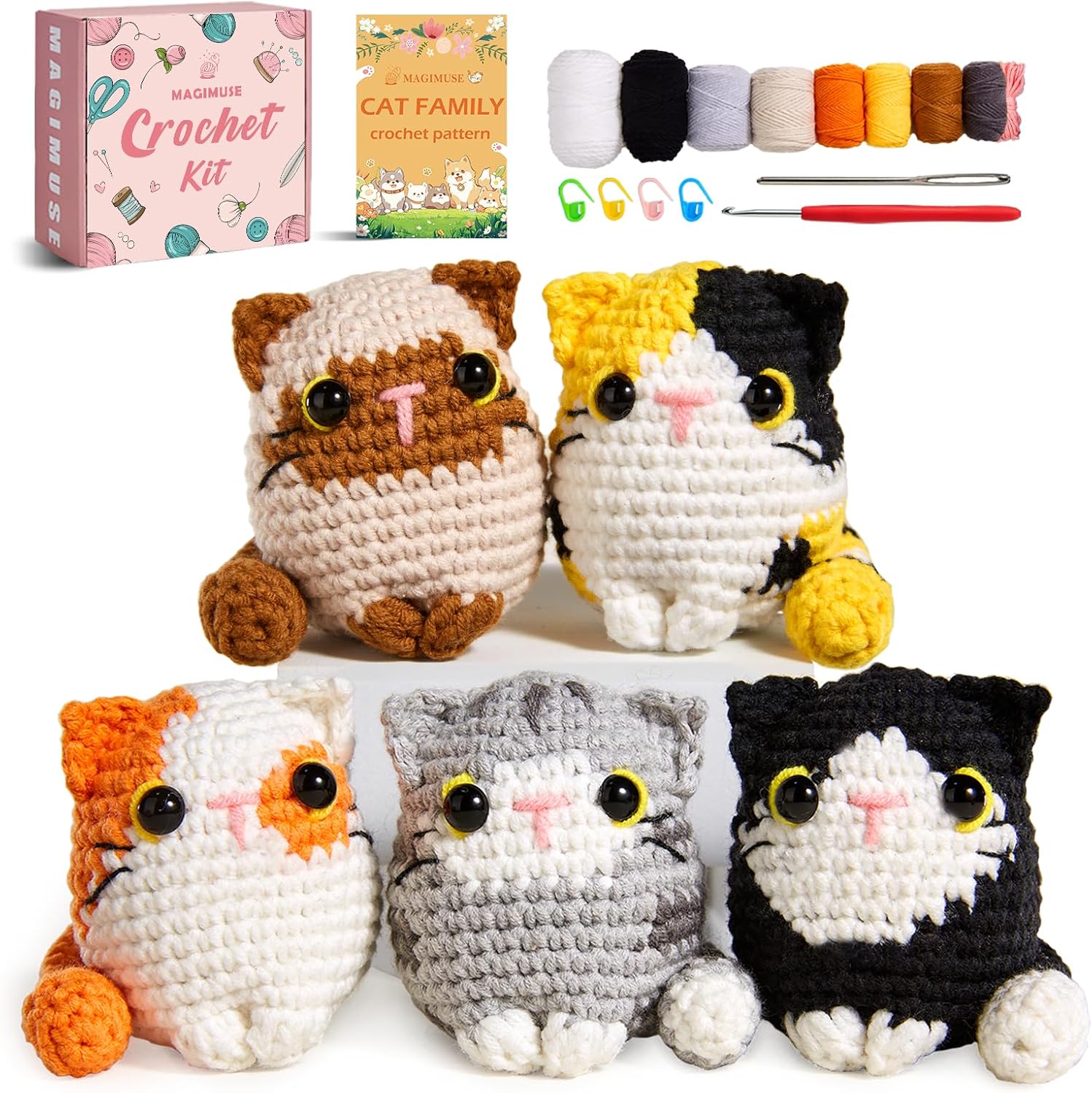 Amigurumi Crochet Kit — Five Cat Figures for Beginners