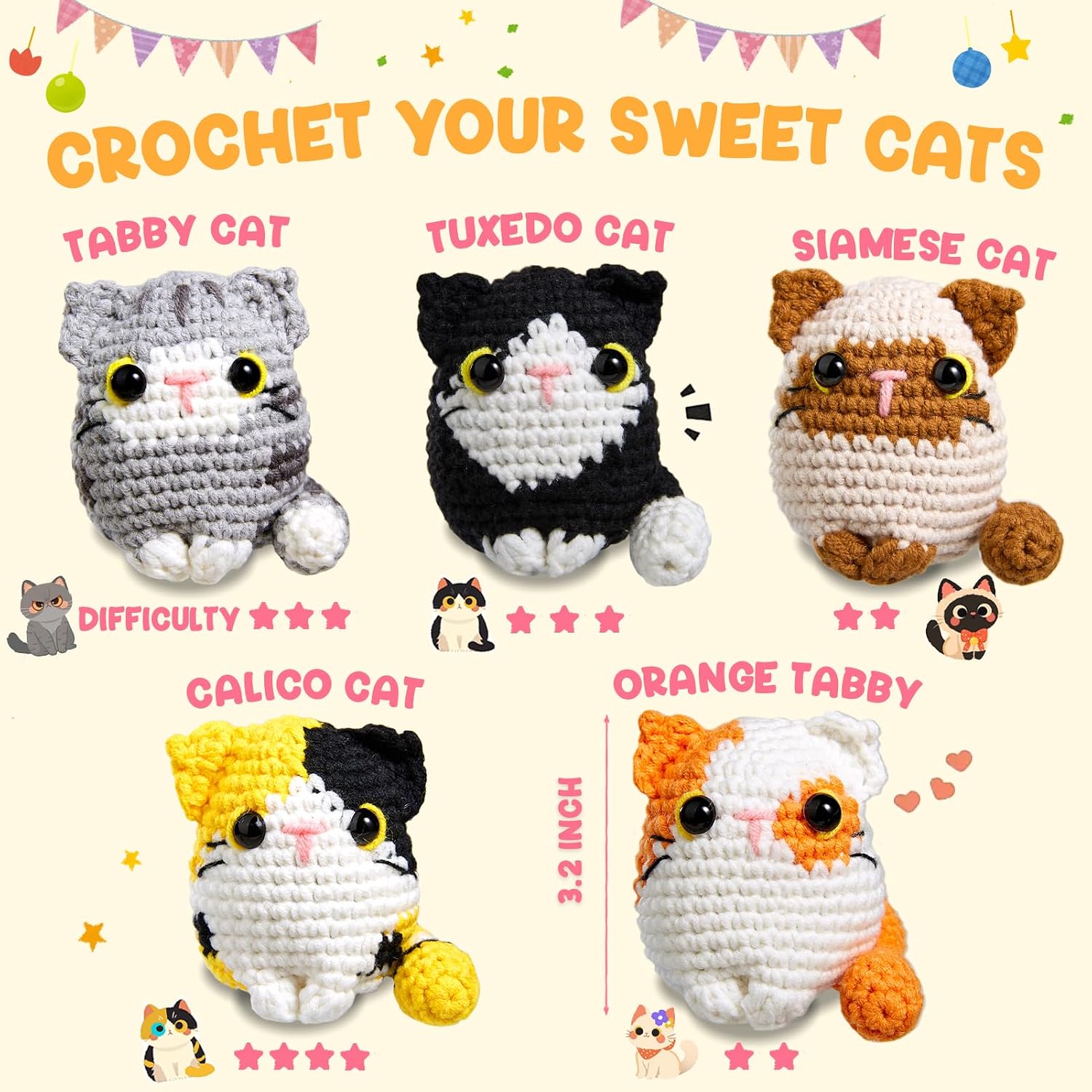 Amigurumi Crochet Kit — Five Cat Figures for Beginners