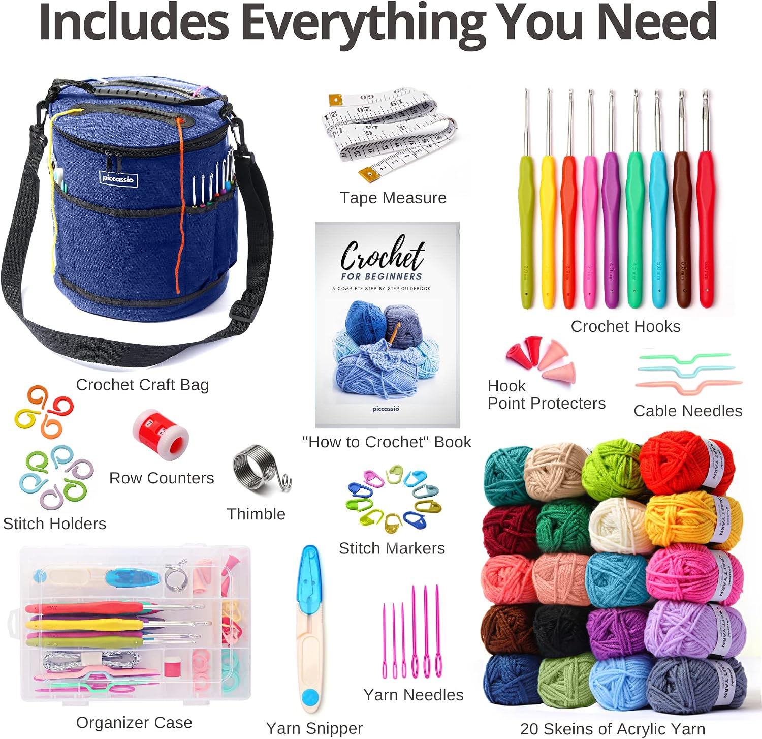 Crochet Starter Kit — 20 Yarn Colours with Hooks and Guide Book