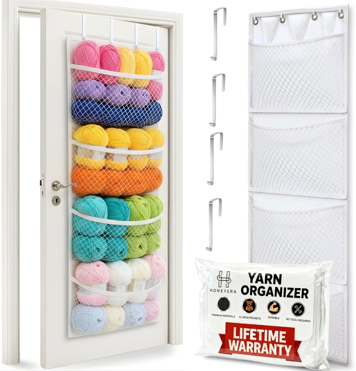 Over-Door Yarn Organiser with 4 Clear Mesh Compartments