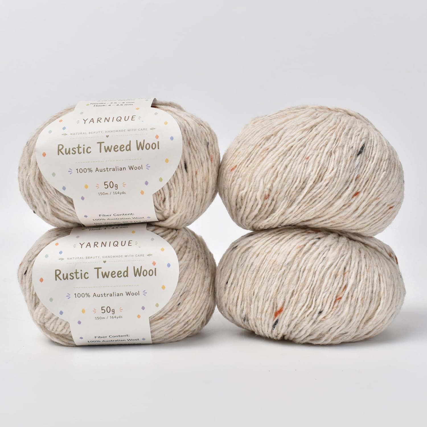 Rustic Tweed Wool Yarn DK — 4 Skeins, 200 g, Ivory Fleck